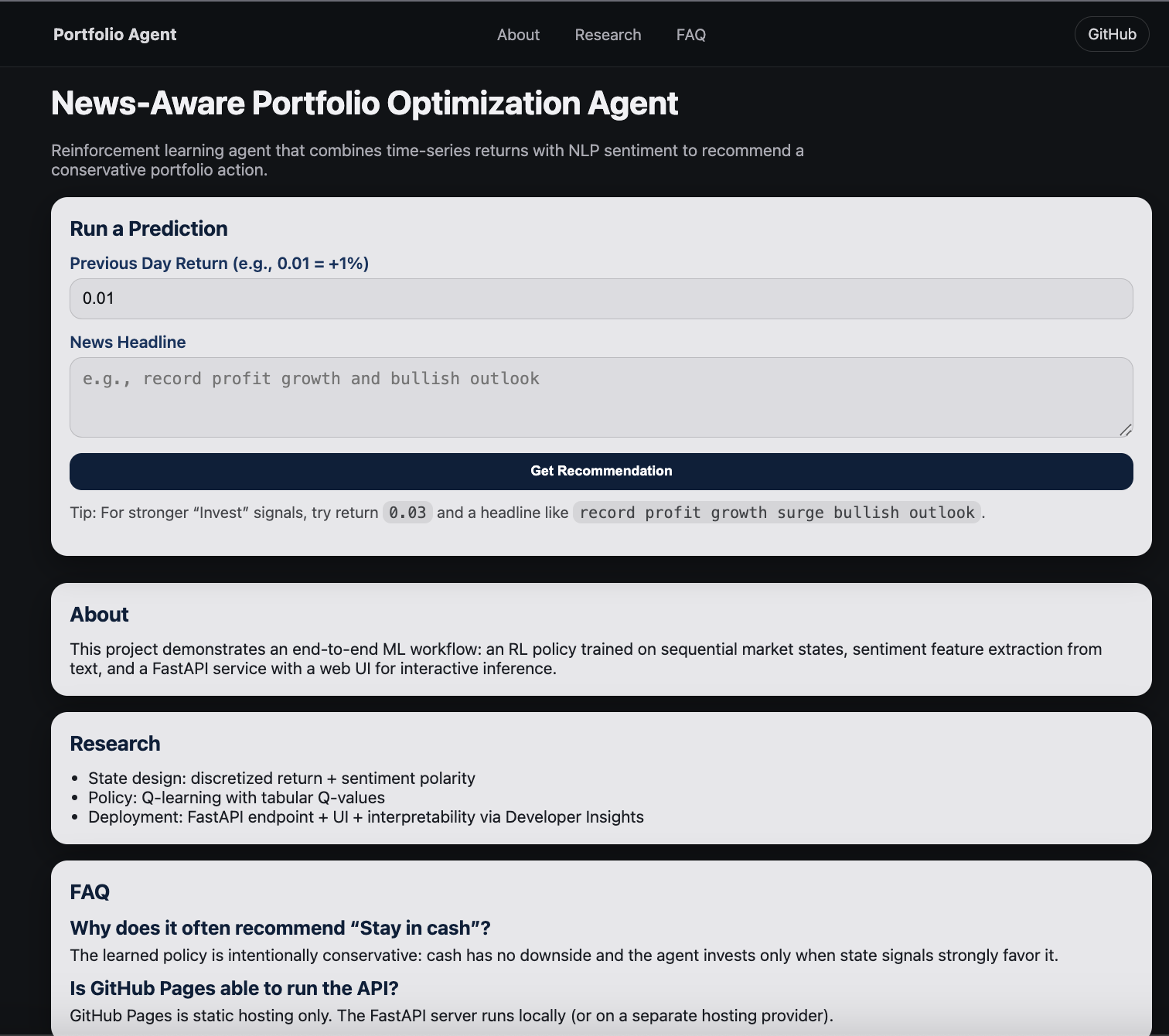 Portfolio agent home screen